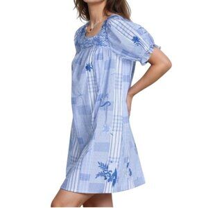 Johnny Was XL Marbella Square Neck Dress Blue Plaid Embroidered NWT MSRP $348